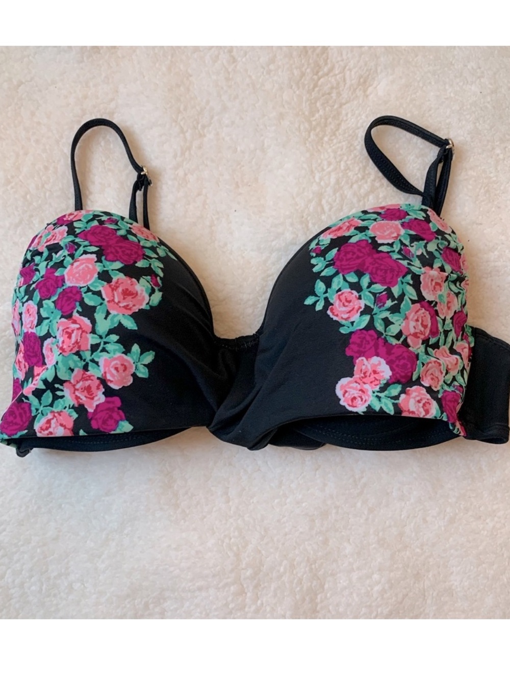 Betsy Johnson Black Ballerina Rose Molded Bump Me Up Bikini Top Size M - Picture 3 of 5
